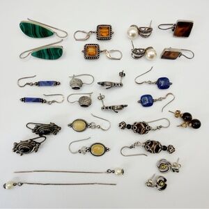 14 Pair Silver & Gemstone Pearl & Natural Stone Earrings 66 Grams Vintage Tested